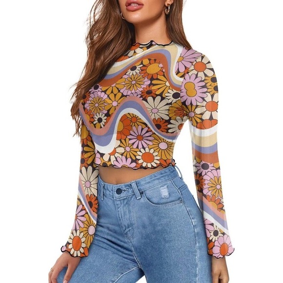 The Unbranded Brand Tops - 70s Sheer Bell Sleeve Top Floral psychedelic Unbranded Boho Dopamine M/L